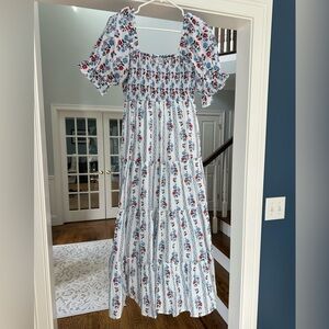 White Floral Puff Sleeve Tiered Maxi Dress by Pink City Prints